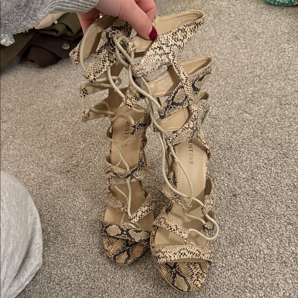 JustFab Snakeskin Lace-Up Heels in Tan and Cream